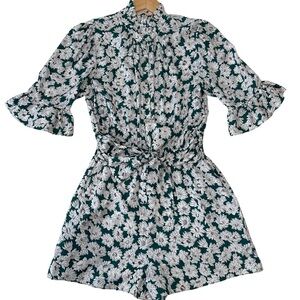 REBECCA TAYLOR Serene Floral Print Romper Elbow Sleeve SZ 4 Green White NWOT
